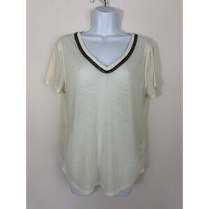 H&M Cream Rhinestone V-Neck Linen Blend Top Size M